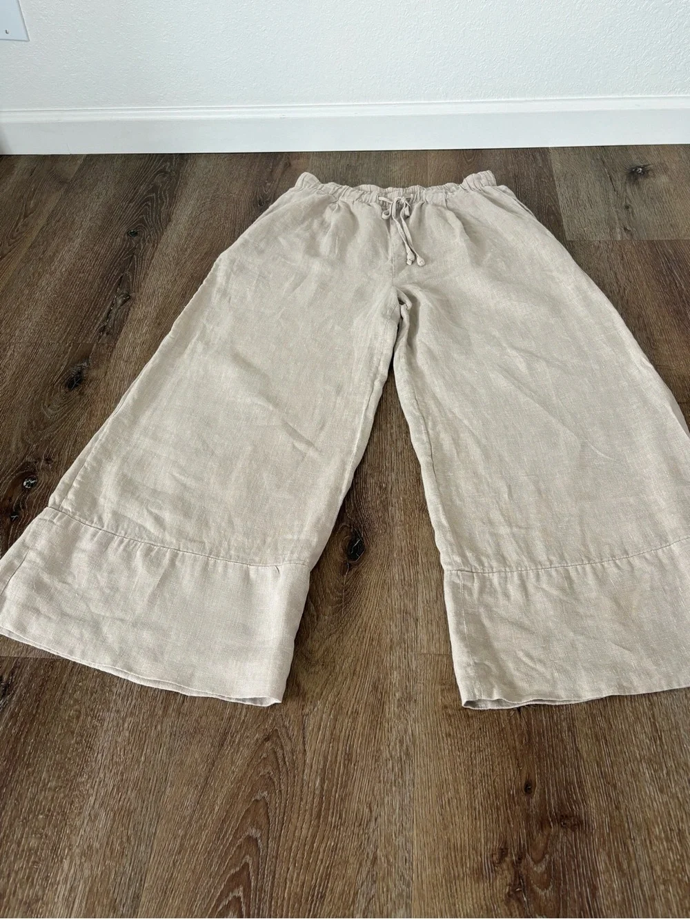 Zara Linen Wide-Leg Palazzo Drawstring Pants in Natural Size: XS /